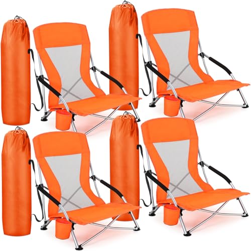 FillTouch 4 Pack Low Beach Chairs Orange Portable Folding Beach Chairs for Adults with cupholder Carry Bag Low Back Camping Chair Lightweight Folding Lawn Chair for Outdoor Sand Travel Concert