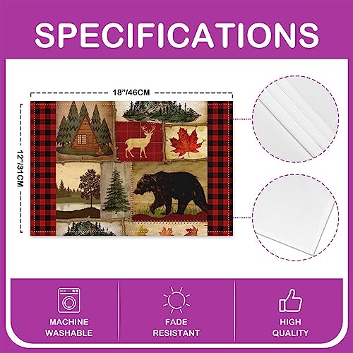 Set-of-4-Bear-Cabin-Plaid-Placemats-12×18-Rustic-Farmhouse-Place-Mats-Retro-Hunting-Deer-Scratch-Proof-Placemats-Country-Woodland-Pine-Tree-Waterproof-Placemats-Maple-Leaf-Table-Mats-for-Kitchen Set of 4 Bear Cabin Plaid Placemats 12×18 Rustic Farmhouse Place Mats Retro Hunting Deer Scratch Proof Placemats Country Woodland Pine Tree Waterproof Placemats Maple Leaf Table Mats for Kitchen