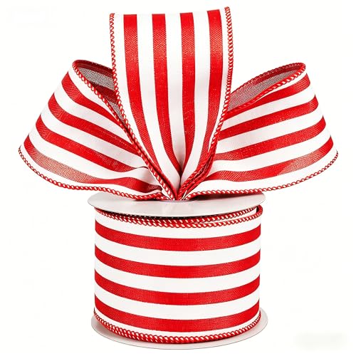 Meseey Red and White Stripe Wired Ribbon 2.5 Inch x 10 Yards Christmas Candy Cane Striped Ribbon for Gift Wrapping Christmas Tree Wreaths Crafts Holiday Decorations
