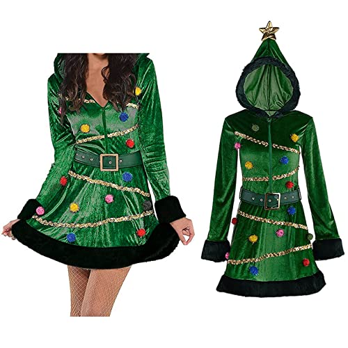 Kerstboom Fancy Jurk voor Vrouwen Kerst Fluwelen Hooded Jurk Kostuums Volwassen Xmas Cosplay Parrty Outfit (Groen, L) - Afbeelding 3