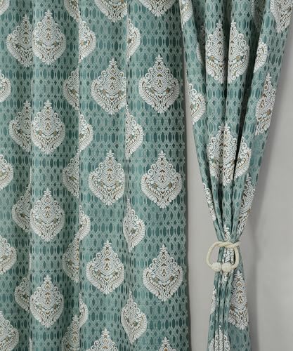 Image of Homefab India 2 Piece Polyester Printed Curtains Room Darkening Panel - Long Door 9 feet, Damask Green Curtain