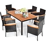 HAPPYGRILL 7-Piece Rattan Patio Dining Set Outdoor Wicker Dining Set with Umbrella Hole, Removable Cushions, Table & Chairs Set with Acacia Wood Table Top