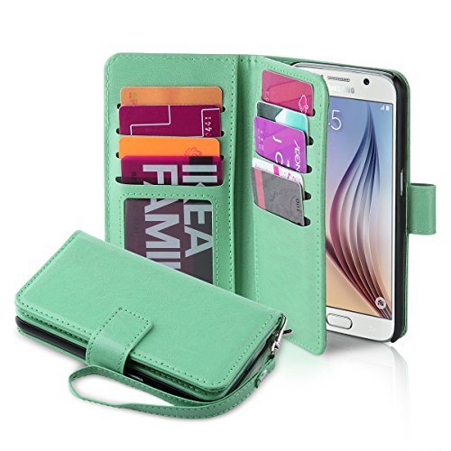 ULAK S6 Case, Galaxy S6 Case, S6 Wallet Case, Luxury Fashion PU Leather Case Magnet Wallet Folio 9 Card Multi-Slots Flip Cover for Women for Samsung Galaxy S6 (Mint Green)