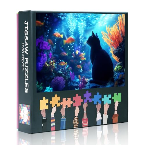 Modern Jigsaw Puzzle Abstract Fantasy Ocean Painting Black Cat Silhouette Paintings Puzzle Black Cat Staring at The Ocean Paintings Crafts 1000 Pieces Deep Sea World Jigsaw Puzzles Set