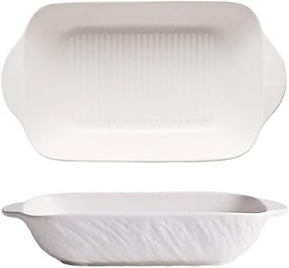 Roast Rectangular Double Ear Baking Bowl Dinner Plate Oven Microwave Utensils Ceramic Pan Cheese Baked Rice Pasta(White)