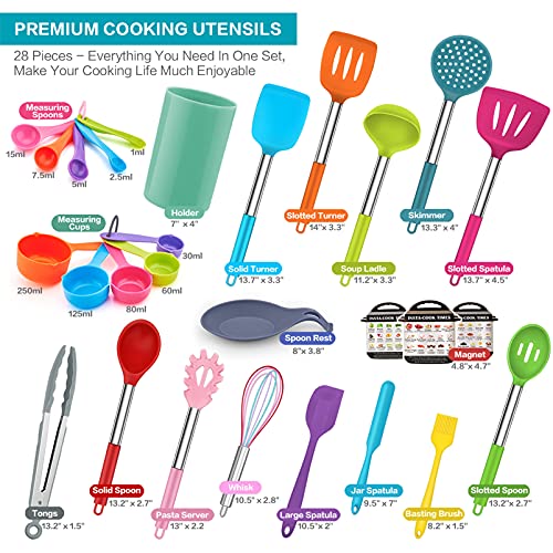 Teamfar Cooking Utensil Set, 28 Pcs Silicone Kitchen Utensil Set With Stainless Steel Handle, Spatula/Spoon/Whisk/Holder, Non-Toxic & Non-Stick, Heat-Resistant & Dishwasher Safe, Multi-Color #TOP1