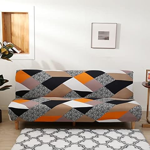 Jaotto Armless Sofa Bed Cover, Stretch Armless Sofa Cover 3 Seater, Spandex Futon Slipcover Protector Non-Slip Elastic Full Folding Couch Sofa Protector for Sofa Bed without Armrests,Orange Geometry Cover
