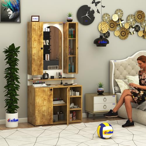 Image of Anikaa Opulex Engineered Wood Dressing Table with Mirror Cabinet, LED Lights, Storage Shelves & Back Panel - Wall Mounted Makeup Vanity & Organizer for Bedroom -(Gaintwood /White) DIY Installation