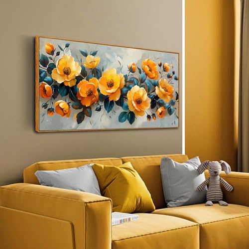 Image of AOZEMI Yellow Wall Art Room Decor Flower Art | Blue Home Decorations for Kitchen Living Room in Wall Pictures Modern Artwork 59 inchL x 29 inchW