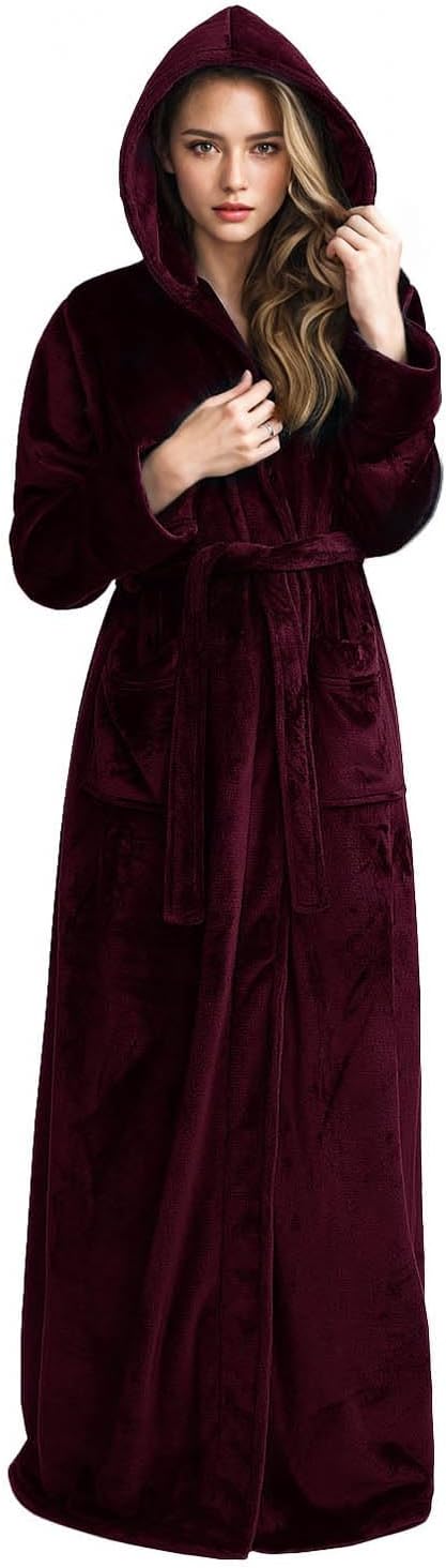 Hellomamma Long Hooded Robe for Women Luxurious Flannel Fleece Full Length Bathrobe Winter Warm Pajamas Shower Nightgown