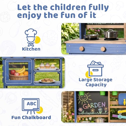 Wooden Outdoor Mud Kitchen for Kids, Pretend Play Kitchen Playset with Removable Sink, Faucet, Stove Top, Planting Area & Cooking Accessories, Toddler Gift for Boys Girls Ages 3+ (Blue) - image 7