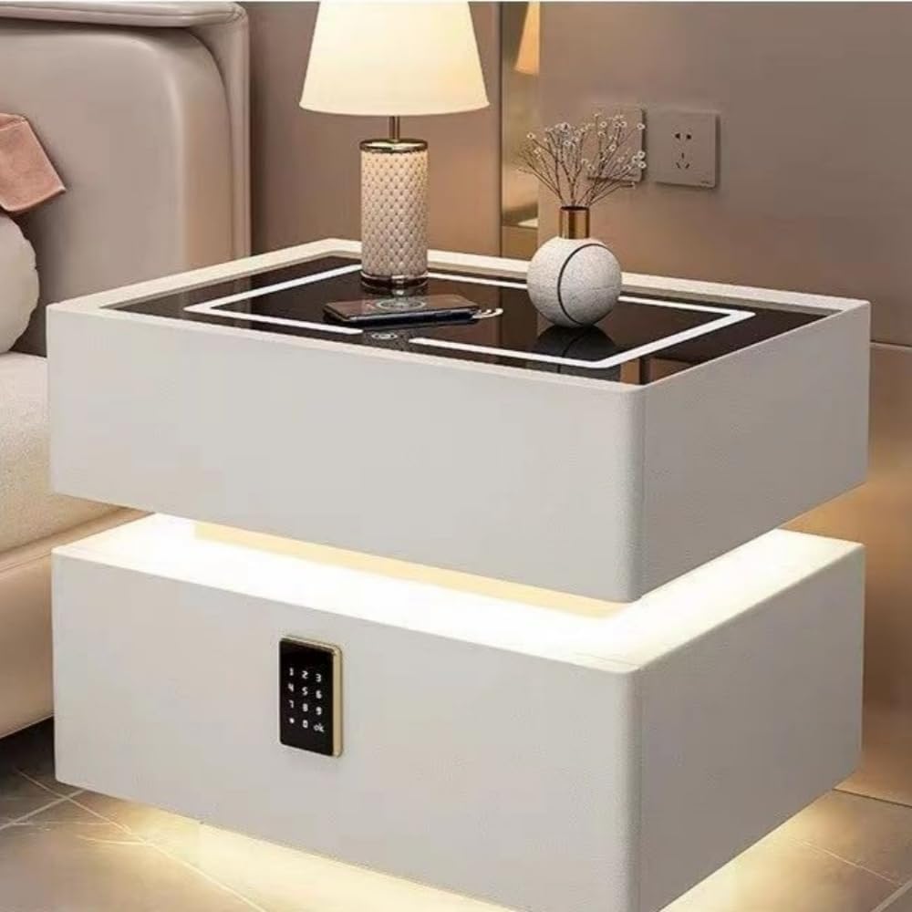 TAYTHI Modern Bedend Table with Drawers Smart Bedside Table Bedside Desk Cabinet Storage Side Table Stylish Smart Nightstand with Hidden Safe Box Adjustable LED Light Bedside Table for Bedroom Living