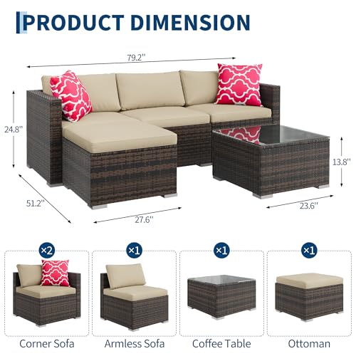 Image of GAOMON 5-Piece All-Weather Patio Furniture Set, Convertible Outdoor Sectional Sofa with Ottoman & Tempered Glass Table, PE Rattan Conversation Set for Garden, Backyard, Porch, Poolside