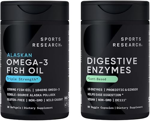 Sports Research Triple Strength Omega 3 EPA y DHA Aceite de pescado 1250 mg Burpless Suplemento (30 cápsulas blandas) y enzimas digestivas con
