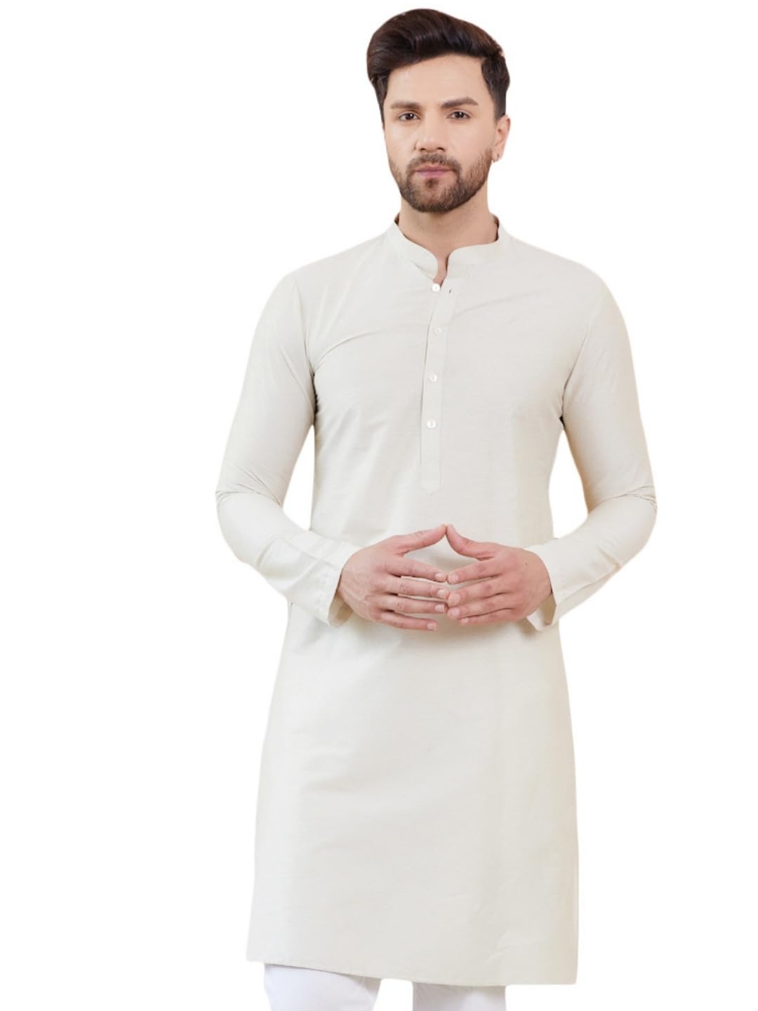 see designs Men Long Sleeve Side Slit Mandarin Collar Cotton Solid Straight Kurta-picture-24