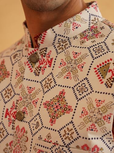 Image of SOJANYA (Since 1958 Men's Cotton Linen Maroon Kurta and White Pyjama with Mustard Cotton Nehru Jacket