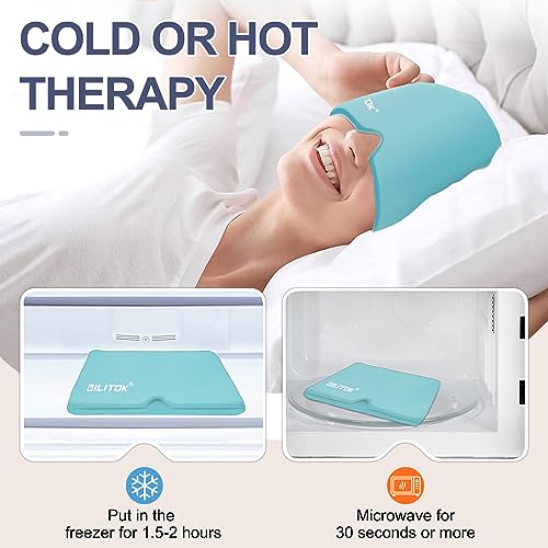 Image of EXQUISLIFE Migraine Headache Relief Cap, Gel Ice Head Wrap, Hot and Cold Therapy, Headache Eyes Mask for Sinus, Puffy Eyes, Tension and Stress Relief (Blue)