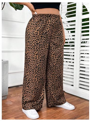 OYOANGLE Women's Plus Size Leopard Print Wide Leg Pants Elastic High Waisted Casual Trousers with Pockets3