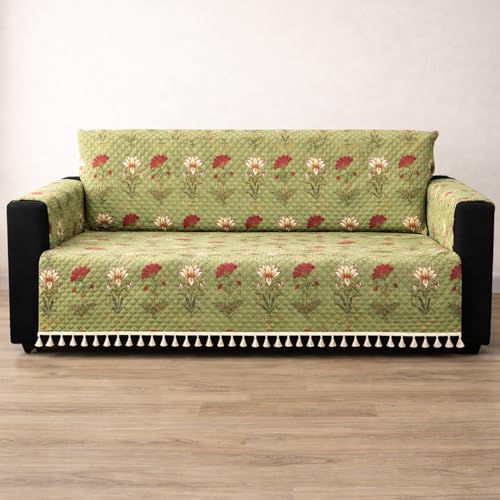 Image of House of Quirk IKATRA Series Quilted Printed Sofa Cover for Indian Sofa Set with Side Pocket - Premium Washable, Anti-Slip, Durable & Ultra Soft Fabric Protector (Green Lotus, Two Seater)