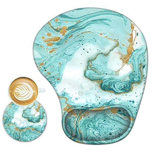 ARTSO Ergonomic Mouse Pad with Wrist Support Gel Mouse Pad Wrist Rest, Non-Slip PU Base Comfortable Mousepad for Office Home Working Studying Pain Relief & Easy Typing, Teal Turqoise Marble
