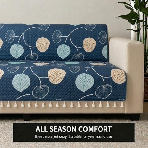 Image of STITCHNEST 'Frostvine Collection' 2 Seater Sofa Cover - Full Coverage| Cotton Quilted Fabric, Decorative Tassels, Washable & Durable for Modern Living