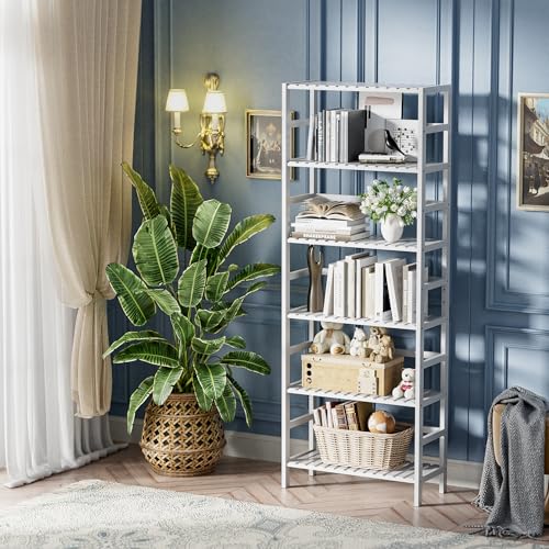 HITNET Scaffale a 6 Ripiani, libreria in bambù con ripiani regolabili, grande organizzatore indipendente per la cucina, espositore per piante, bianco - immagine 3