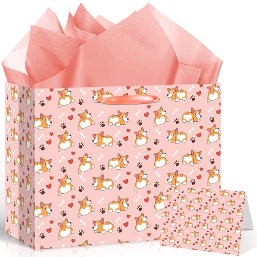LUUFILx Corgi Birthday Gift Bag for Girls Pink Dog Birthday Decorations Corgi Theme Wrapping Paper with Greeting Card and Tissue Paper Pink Puppy Themed Bday Decorations for Baby Shower Supplies
