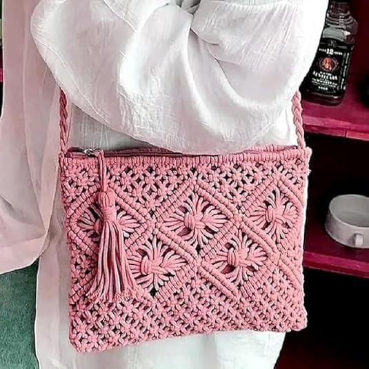 Image of Women's Handmade Macrame Crossbody Sling Bag Tote Bags Beautiful & Fancy Ladies Purse For Girls Women's Mobile Pouch Friends Gifts Birthday Marriage Party and Events,1- Piece