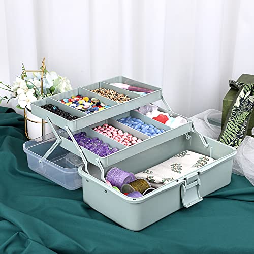Image of BTSKY 3-Layer Plastic Dividing Storage Box Craft Organizer and Storage | Portable Handled Art Supply Organizer with Adjustable Spacers Multipurpose Home Utility Box for Medicine Sewing(Haze Green)