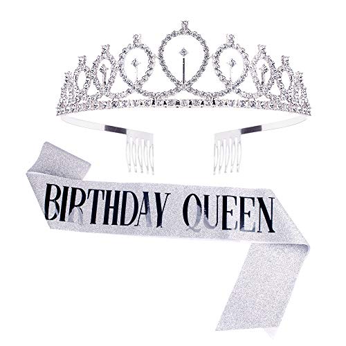 Araluky Tiara Crown for Women, BIRTHDAY QUEEN Crystal Tiara Headband Crown with Combes Princess Crown Hair Accessories for Wedding Prom Bridal Party Supplies with Princess Tiara Birthday Sash, Silver