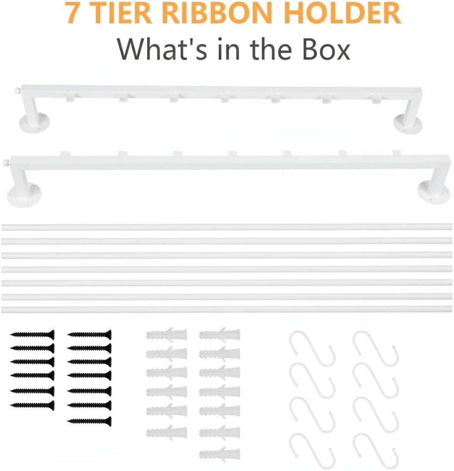 Xbsyhx Ribbon Storage Organizer 7 Tier Wall Mounted Ribbon Rack Ideal for Wrapping Paper Scarf Tie Belt Towel, Metal Ribbon Storage for Craft Room Flower Store Scarf Belt-with Hooks-White