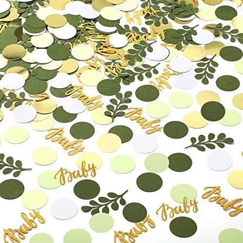 400 Pcs Greenery Baby Shower Confetti Scatter Decorations Green Brown White Table Confetti Dots with Eucalyptus and Gold Scatter for Baby Shower Gender Reveal Decor