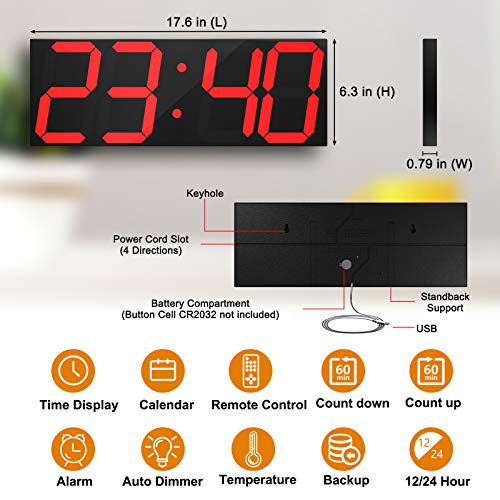 LED Large Digital Wall Clock, Oversize Wall Clock with 6” Numbers, Remote Control Count up/Countdown Timer Clock, Auto Dimmer, Big Calendar and Thermometer(Red) - Image 3
