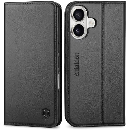 SHIELDON Genuine Leather Wallet Case for iPhone 17 6.3-inch 5G 2025 | Flip Magnetic Cover | Kickstand | RFID Blocking | 3 Credit Card Holder | Shockproof | Soft Inner Phone Case | Black