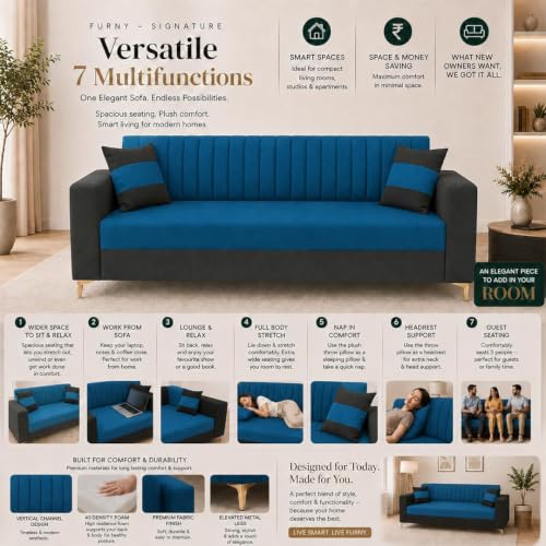 Image of FURNY Signature Regalia 3 Seater Sofa Set | Boston Fabric | 40D Foam + Zigzag Spring | 3-Yr Warranty (Ash Grey, Ocean Blue) | Modern Living Luxury Sofa Set for Home, Office & Hotel Spaces