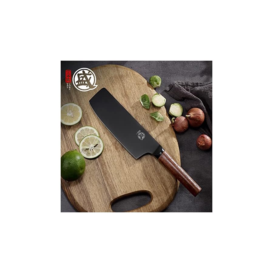 MITSUMOTO-SAKARI-7-inch-Japanese-Nakiri-Chef-Knife-Professional-Black-Titanium-Coated-Vegetable-Kitchen-Knife-German-Premium-Alloy-Steel-Cooking-Chefs-Knives-Walnut-Handle-Gift-Box MITSUMOTO SAKARI 7 inch Japanese Nakiri Chef Knife, Professional Black Titanium Coated Vegetable Kitchen Knife, German Premium Alloy Steel Cooking Chef's Knives (Walnut Handle)
