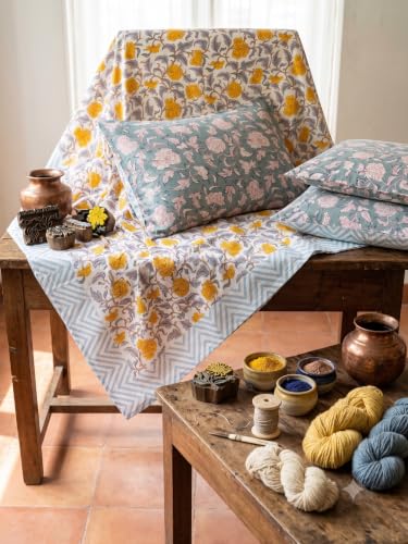 Image of Premium Bedsheet with 2 Pillow Covers I Hand Block I Pure & Soft Percale Cotton I 300 TC I 90x108 inches (King Size Double Bed Luxury Bedcover) I Floral Pattern I Sunshine Yellow