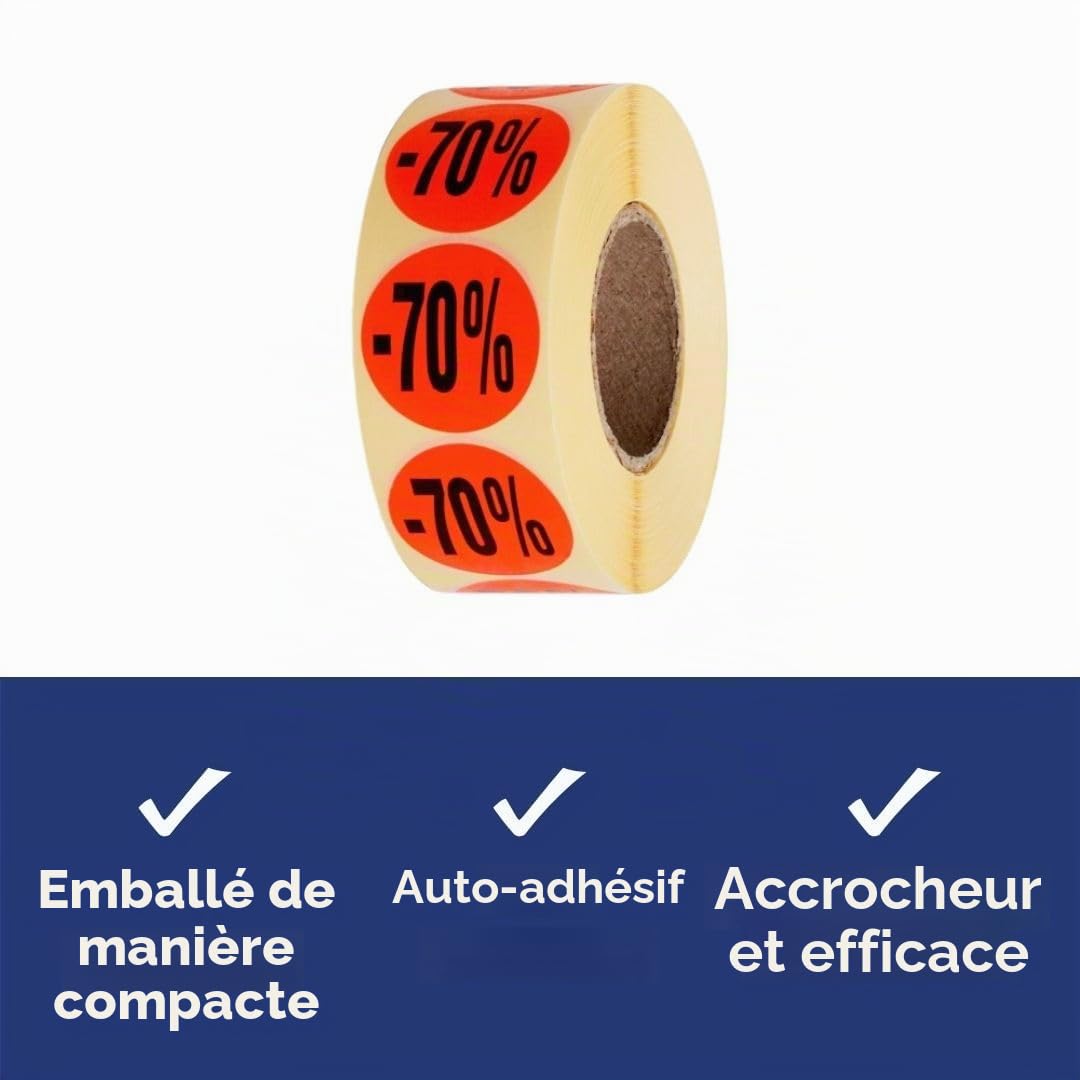 POKORNYS - Étiquettes promotionnelles « -70% » I Stickers pour marchandises à prix réduit I Lot de 1.000 autocollants de rabais en rouge vif I Adhésifs permanents, ronds, Ø 32mm