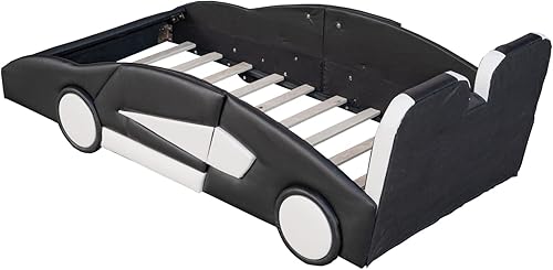 Miniatura 7 de MERITLINE Cama de suelo de automóvil de carreras de tamaño individual con ruedas, plataforma de madera en forma de auto con listones de soporte,