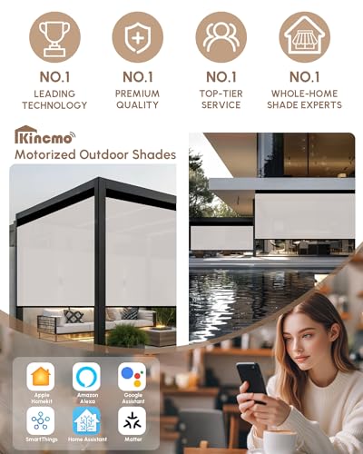 Image of Kincmo Motorized Outdoor Shades for Patio Porch, Custom Outdoor Motorized Blinds with Remote, Waterproof & Windproof Patio Shades Work with Apple Home,Alexa,Google (White-1% Openness)