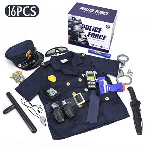 16 Pcs Police Officer Costume For Girls & Boys, Kids Police Halloween Costumes With Cop Costume Accessories, Police Role Play Set Dress Up With Walkie Talkie, Handcuffs, Police Baton For Kids 3+ #TOP5