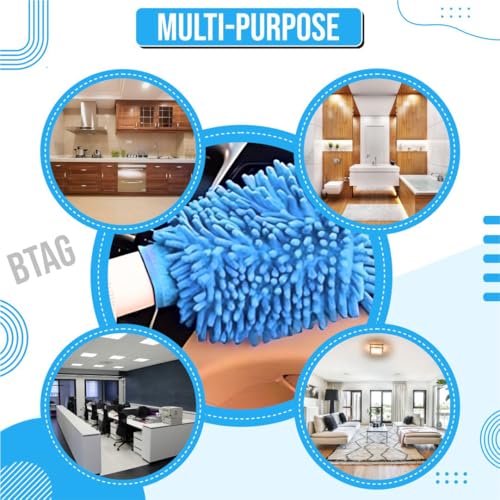 Image of Btag Double Sided Microfibre Wash Mitt Cleaning Gloves (2 Pcs, 2400 GSM, Size 26 X 19 Cm, Extra Large, Super Absorbent, Big Chenille Mitt Glove) (Sky Blue)