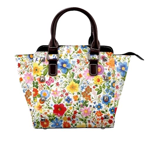 Leather Shoulder Bag for Women, Colorful Spring Flower Studded Purse Red Yellow Floral Crossbody Handbags Punk Hobo Bag with Adjustable Strap
