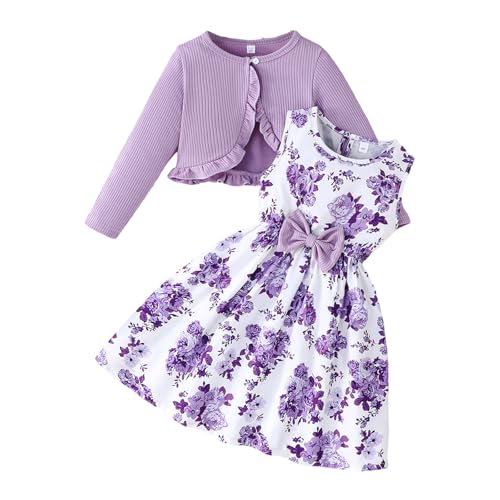 XIXIMAON Ensemble robe et cardigan pour filles, motif floral, nœud décoratif, sans manches, robe d'été à manches longues, veste côtelée, robes de fête décontractées pour enfants, 2 à 8 ans, violet, 4
