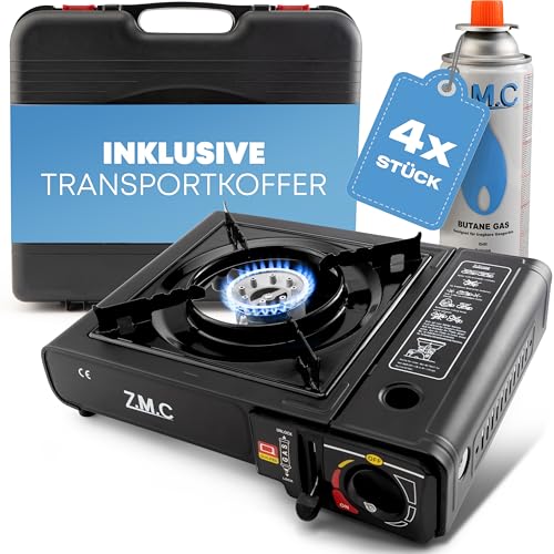 Z.M.C Gaskocher 1-flammig inkl. Adapter für LPG + Aufbewahrungskoffer + 4...