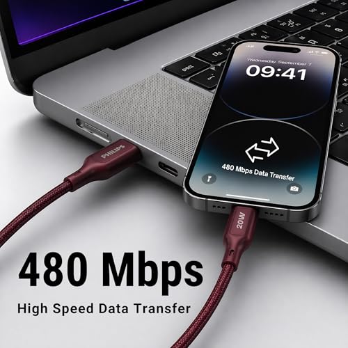 Image of PHILIPS DLC4130VI /94 20W iPhone Original Type-A to Lightning Fast Charging Cable (1m, Iron Red) | MFi Certified | 480Mbps Data Sync | Nylon Braided | Compatible with iPhone & Other Lightning Devices