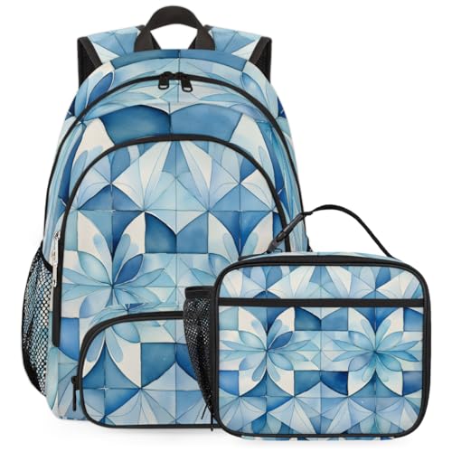 TropicalLife Blue Abstract Geometric Backpack with Lunch Box Set, Back Pack and Lunch Bag Blue Abstract Geometric Waterproof Casual Daypack Bag for Work Travel