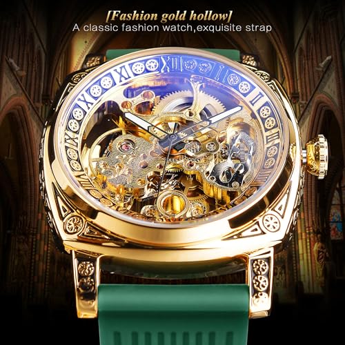 Image of FORSINING Fancy Watches for Men, Square Retro Mechanical Watch Self-Wind Carved, Gear Movement Golden Skeleton Automatic Watches Vintage Leather Strap Wrist Watch