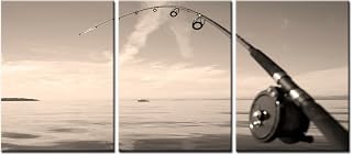 3 Piece Canvas Print Fishing Wall Art Close Up View of Brown Fishing Rod Picture Painting Ocean Nature Photography Vintage Artwork Home Office Bathroom Bedroom Decor Ready to Hang