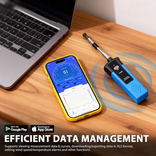Hot Wire Anemometer Handheld with Bluetooth APP, Telescopic Probe, Air Flow CFM Meter Measures Weed Speed 1-89.5 mph, Low Flow Velocity, Temp, Thermal Anemometer for HVAC, Ducts, Ventilation Systems